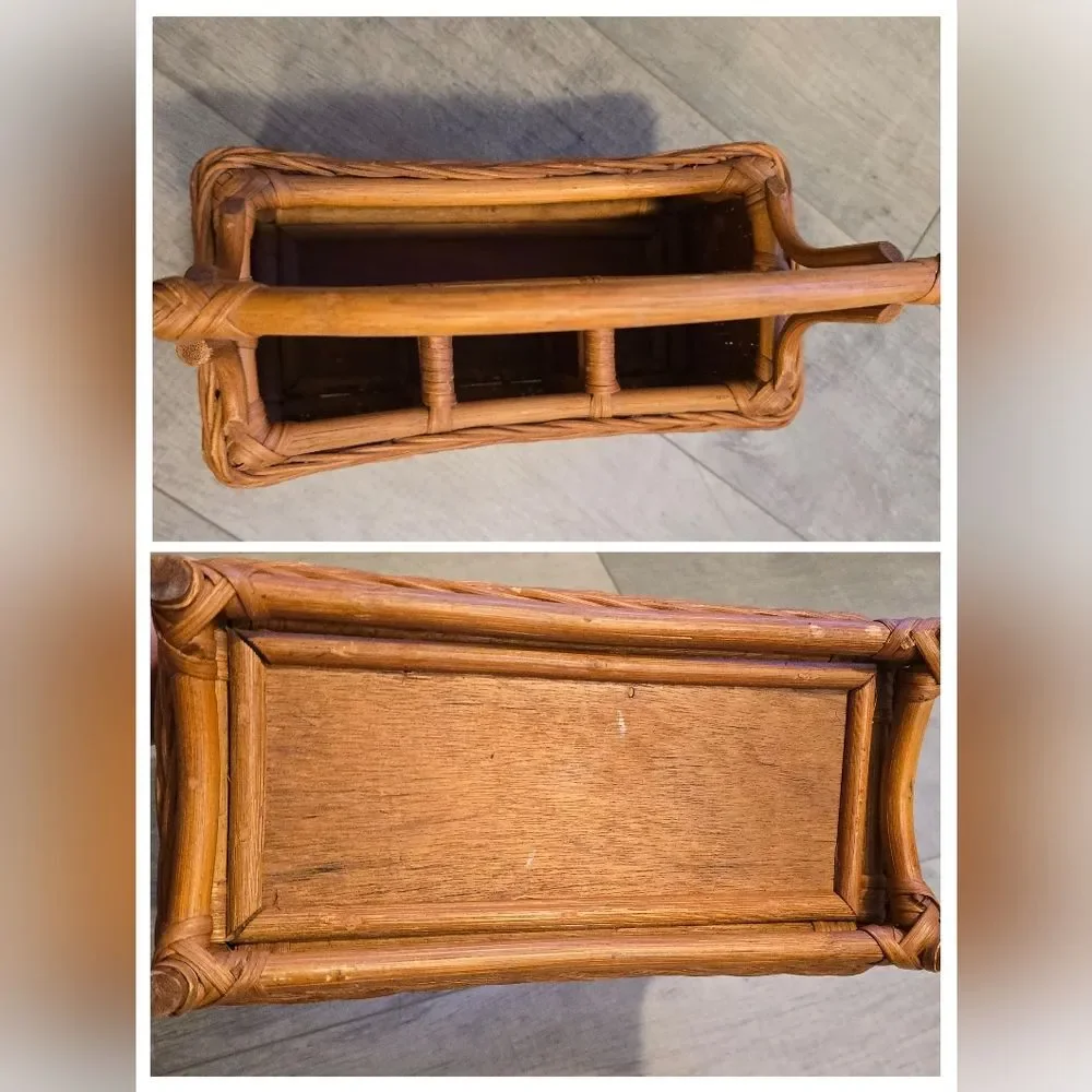 Vintage Bamboo Wicker Basket Utensil Caddy Storage Bohemian Organizer